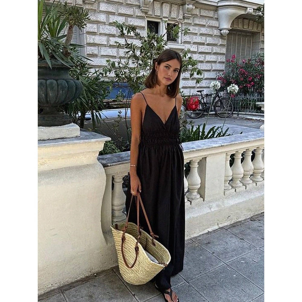 Commense Backless Drawstring Cami Long‎ Dress Bla… - image 2